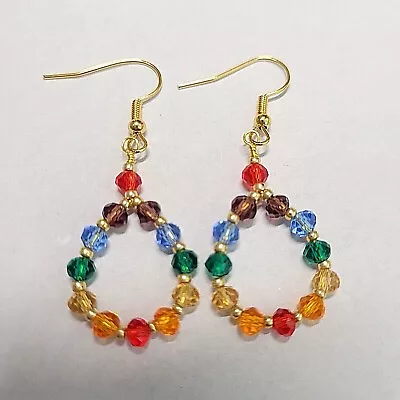 Pride Rainbow Glass Crystal Earrings Colorful Dangle Drop Bead Gold Handcrafted • $12.39