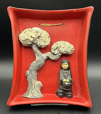 1940s SIGNED Universal Statuary Red Wall Plaque Japanese Asian Girl Bonsai Tree • $28