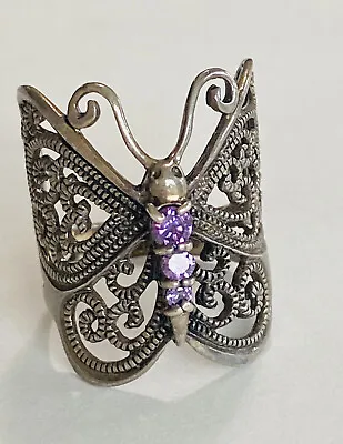 $49.99 • Buy Vintage Butterfly Filigree Sterling Silver 925 Purple Amethyst Ring Size 7