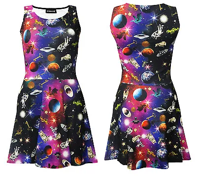 Women's Space Galaxy Universe Space Ship Planets Angel Statues Skater Dress • £25.99