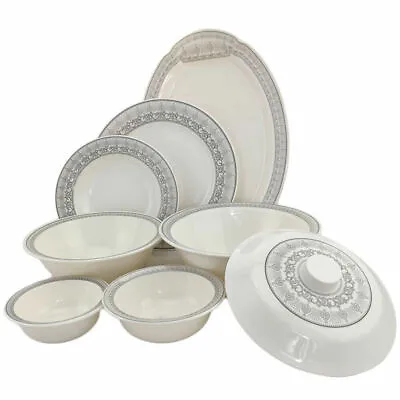 Melamine White Pattern Design Plates Bowls Lids Set 100% Double Glazed • £11.95
