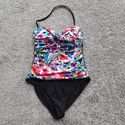 La Blanca One Piece Swimsuit Size 10 Black Multicolor Floral Halter Slimming • $12.15