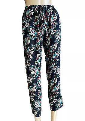 Saloos  Black Leaf Print Crop Tapered Leg Viscose Elastic Waist Trousers Size 10 • £8.99