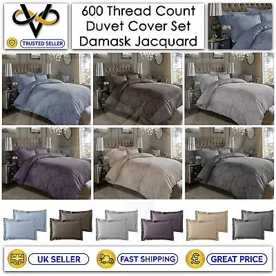 Luxury 600TC Damask Jacquard Duvet Cover Set Cotton Rich Bedding & Pillowcases • £32.95