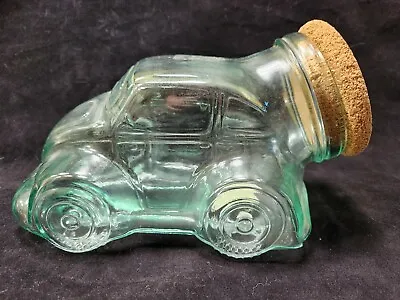 Beetle Bug Volkswagen Car Green Tinted Glass Candy Cookie Jar W/Cork Lid  • $69