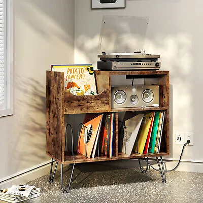 TC-HOMENY Vinyl Record Player Stand Album Turntable Cabinet +RGB LED &Power Port • $109.99