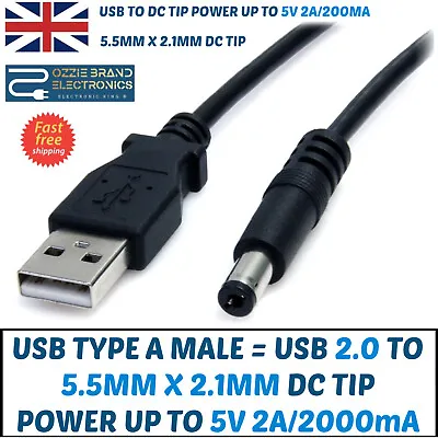 £2.50 • Buy 5V 1A/2A USB A To 5.5mm Barrel Jack Plug Male DC Power Charger AC Adapter Cable