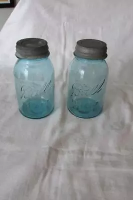 2 Vintage Ball Perfect Mason Blue Glass Jars-zinc Lids -1 Quart Size Canning • $12