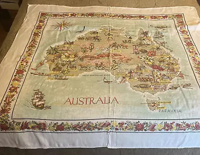 Vintage Australia Map Souvenir Tablecloth Wildflower Animals Bird Kangaroo 46x50 • $8.99