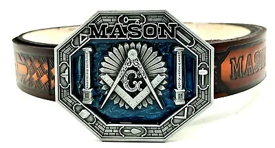 Masons Masonic Embossed Leather Belt & Buckle Combo Genuine Cowhide Usa Made • $44.99