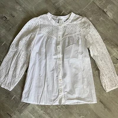 J Crew Mixed Media White Eyelet Sleeve Accent Button Up Blouse In White Sz Small • $15.85