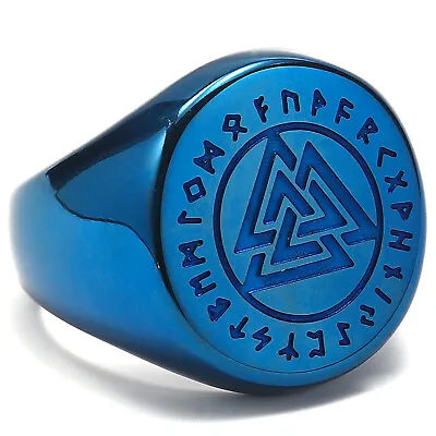 Blue Plated Vintage Nordic Viking Valknut Ring Stainless Steel Men's Biker Ring • $11.98
