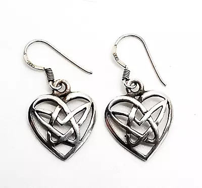 Celtic Trinity Knot Vintage Heart Sterling Silver Drop Earrings • $28