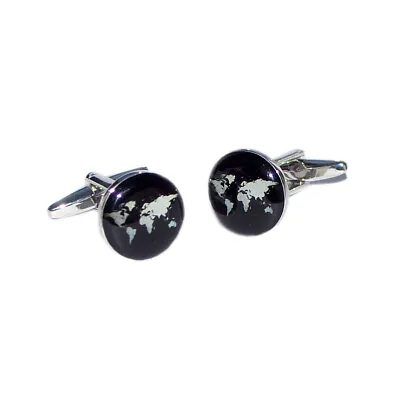 Round Black & White World Map CUFFLINKS Mens Ladies Birthday Present Gift Box • £15.73