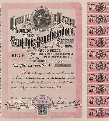 MEXICO MAZAPIL MINING COMPANY BOND Stock Certificate 1894 SAN ELIGIOW/COUPONS  • $49.99