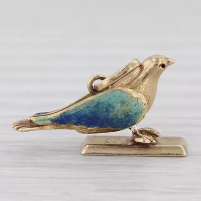 Vintage Enamel 3D Blue Bird Charm Pendant 18K Yellow • $299.99