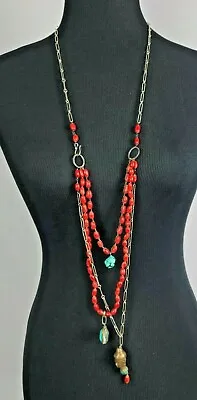 Vintage Layered Paperclip Chain Red Faux-Stone & Turquoise Buddha Necklace 42 In • $26