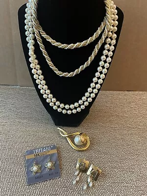 Vintage Faux Pearl Jewelry Lot Some Signed Trifari Necklaces Earrings Brooch • $19.52