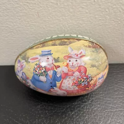Vintage Metal Tin Litho Easter Egg Candy Container Bunny Family • $9.99