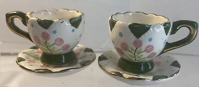 2 Miniature Porcelain Teacup Saucer Pink Roses Green Accents Gold Trim 2” • $7.99