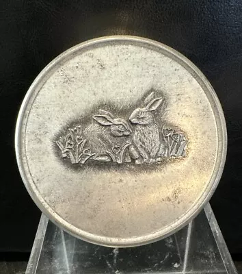 Vintage Looking Metal Tin Trinket Box Raised Etched Bunny Rabbits 4” Silver • $10