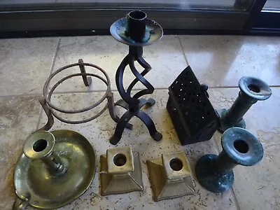 Vintage Lot Mixed Candlesticks Brass Green Marble Wrought Iron Retro Patina • $29