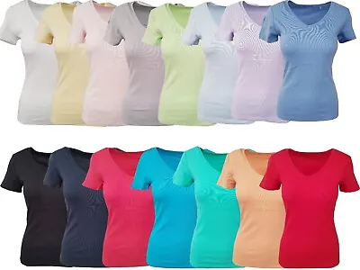 £3.99 • Buy Ladies Ex Marks & Spencer Plain V Neck Cotton T Shirt Tshirts Multiple Colours