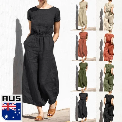 $24.29 • Buy Womens Cotton Linen Loose Jumpsuit Romper Ladies Summer Wide Leg Playsuit Pants
