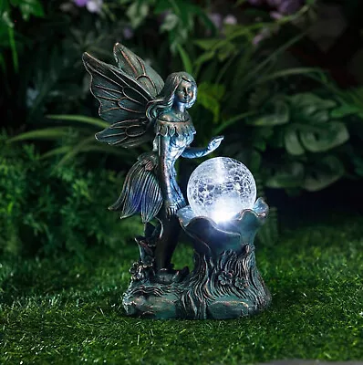 Garden Ornament Fairy With Solar Glass Ball Lighting Statue Garden Outdoors • £18.99