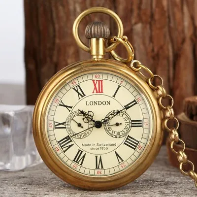 Mens Vintage Mechanical Pocket Watch With Chain Brass Open Face Case Fob Watches • $26.03
