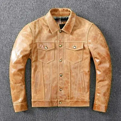 Genuine Cowhide Leather Jacket Men's Denim Jacket Slim Pocket Button Short Coats • $241.95