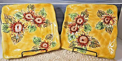 Pair Of 2 Golden Sunflower Square Dinner Plates Floral Vibrant Yellow 9  • $27