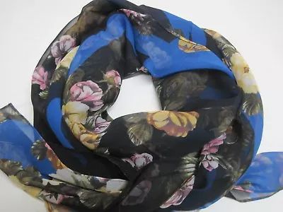 McQ By Alexander McQueen 100% Silk Scarf-Logo Floral Blue 48 X48  (Sheer)  • $79