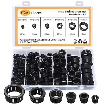 170 Pcs Cable Snap Bushing Grommets Black Round Nylon Snap In Cable Grommet Pro • $16.33