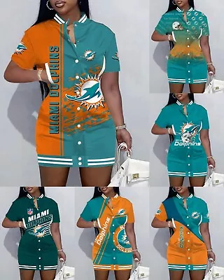 Miami Dolphins Bodycon Varsity Jacket Dress Short Sleeve Button Down Dress Gift • $28.49