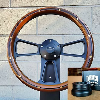 14  Black Billet Steering Wheel Wood Mahogany Brass Rivet 1974-94 C10 Pickup • $223.18