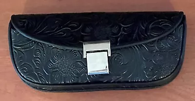 Black Faux Leather? Eyeglass Case Tooled Magnetic Closure Felt Lined • $13