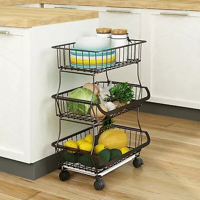 Fruit Vegetable Basket 3Tier Stackable Metal Wire Basket Cart With Rolling Wheel • $22.99