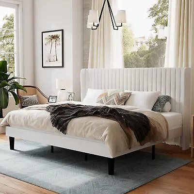 King Size Velvet Bed Frame With Vertical Channel Tufted Wingback Headboard • $306.99