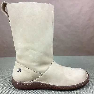 Born Women’s Cream Leather Round Toe Pull-On Mid-Calf Boots Moccasin Size 7.5 M • $45