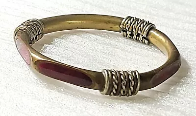 $7.99 • Buy Vintage Brass 2 Tone Red Maroon Stone Or Enamel Inlays Bangle Bracelet