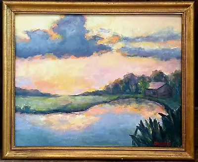 Oil Painting Original Coastal Marsh River Sunset Landscape Framed  By Donalee • $295