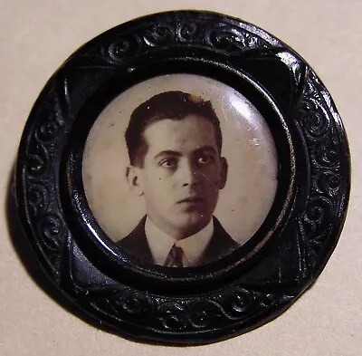 Antique Victorian Handsome Young Man Ornate Photo Black Mourning Pin Brooch • $39.99