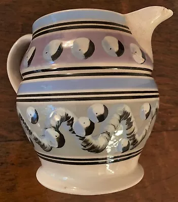 Antique Mochaware Pitcher - Cats Eye & Earthworm Decoration • $475