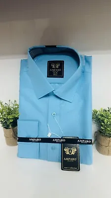 Mens Formal Shirts Size 17.5 Long Sleeve Regular Fit Cotton Casual Blue Shirt • £13.99