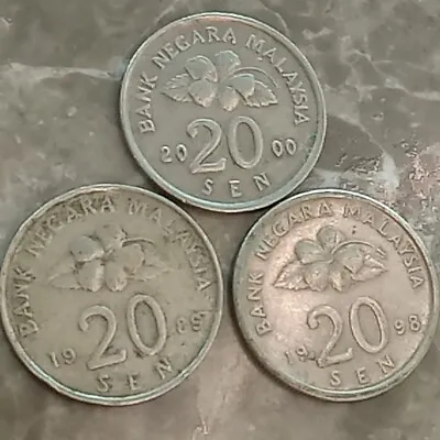 Nice 3 Pc Bank Negara Malaysia 20 Sen Coin Lot - Diff Dates Auth Circ • $2.29