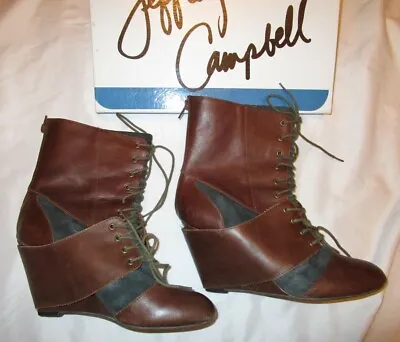 JEFFREY CAMPBELL WARNER Steampunk Spats Lace Up Wedge Brown Gray Boots 10 • $85