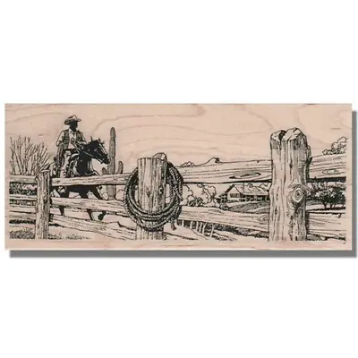 WESTERN COWBOY SCENE Rubber Stamp Southwest Landscape Cactus Fence Horse House • $13.93