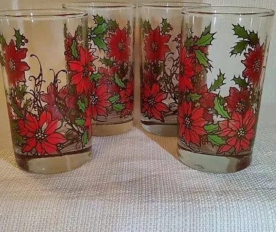 Vtg Libbey Poinsettia Christmas Glasses Tumblers Highball Bar Ware 5  Set Of 4 • $15.78