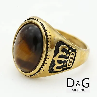 DG Men Stainless Steel BlackNatural Tigers Eye CrownRing 8-13.Gold Plated BOX • $15.99